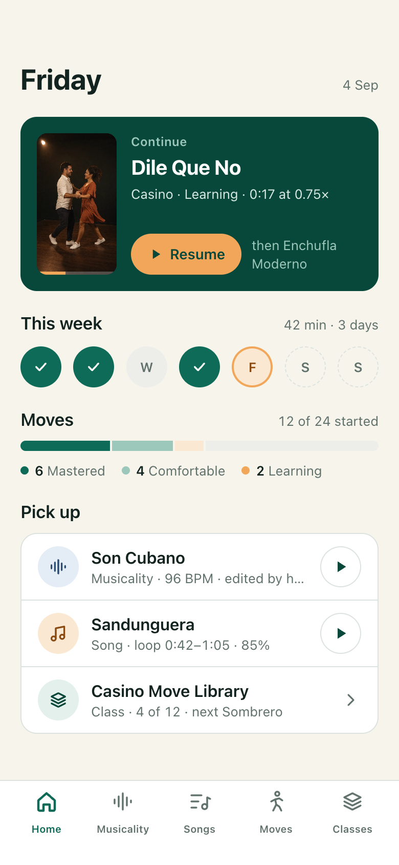The Home screen: today's date, a Continue card, the week of practice, move confidence and a Pick up list