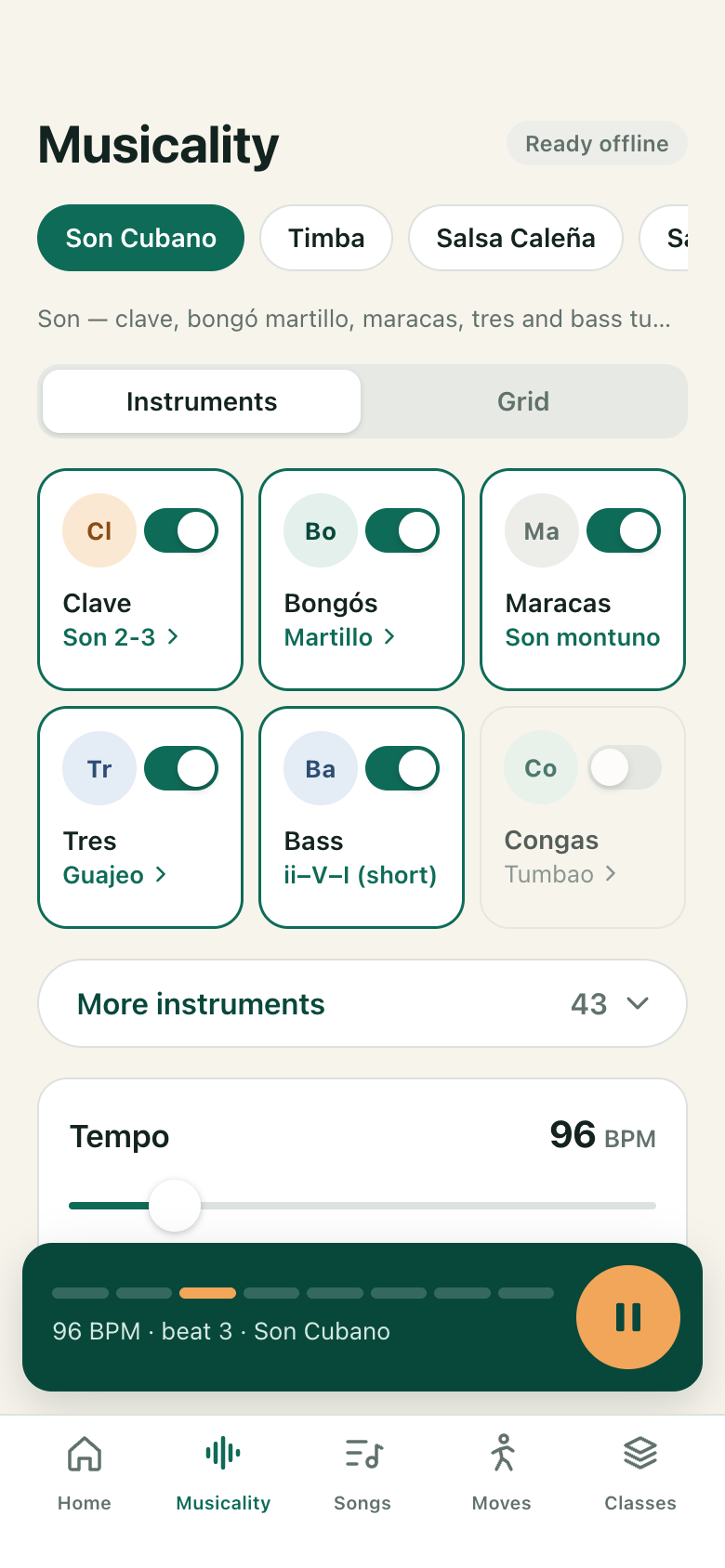 Musicality screen with a Son Cubano preset, instrument tiles and the transport